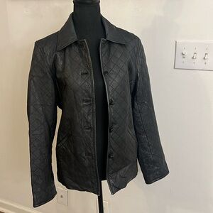Siena Black Diamond Quilted Leather Button Front  Jacket Coat, Sz 8.